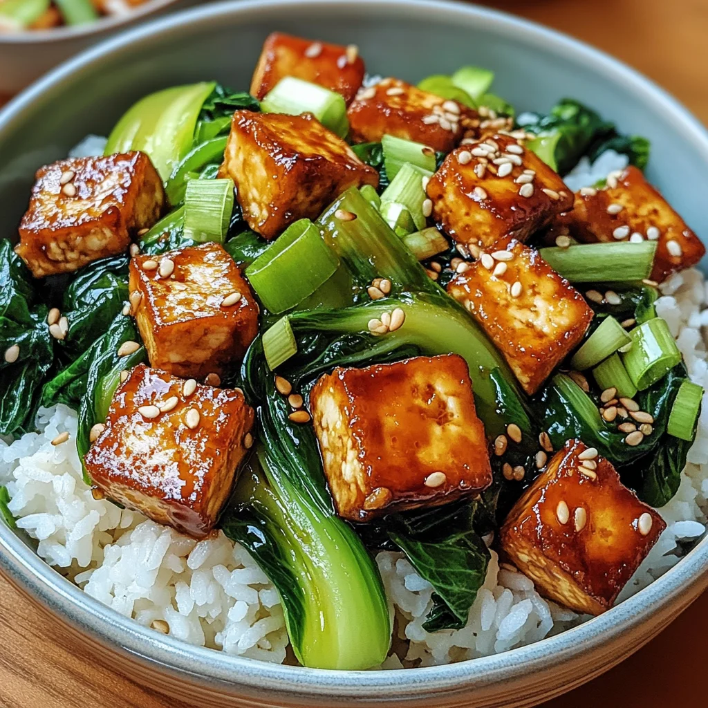 Gebratener Pak Choi mit knusprigem Tofu und Reis