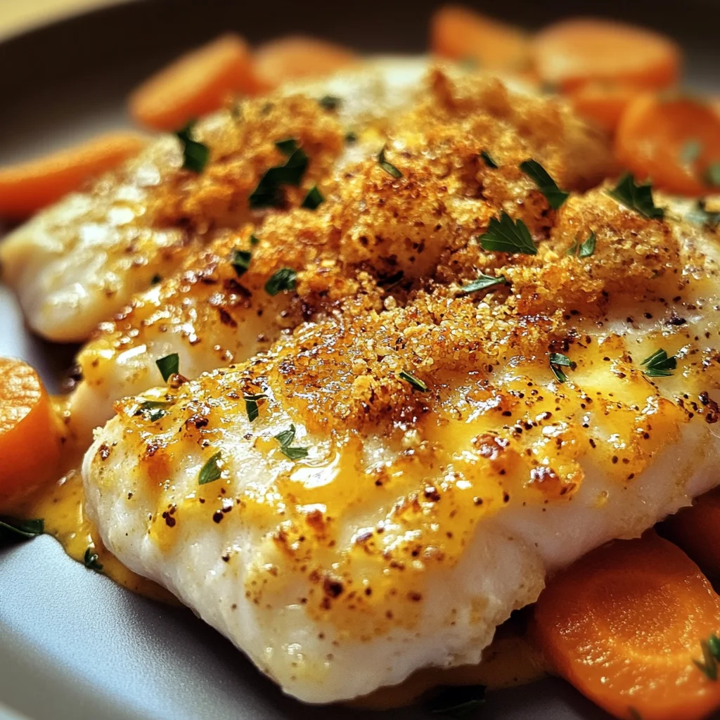 Seelachs überbacken auf Senfmöhren