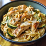 Zucchini Parmesan Pasta mit Hähnchen und Pinienkernen