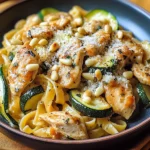 Zucchini Parmesan Pasta mit Hähnchen und Pinienkernen